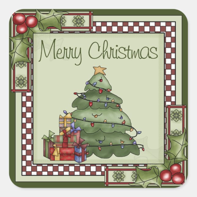 Cute Christmas Tree and Gifts Merry Christmas Square Sticker (Front)