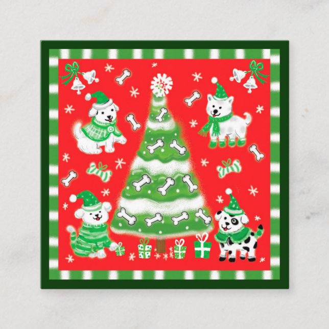 Cute Christmas Tree and Puppy Dogs with Bones Square Business Card (Front)