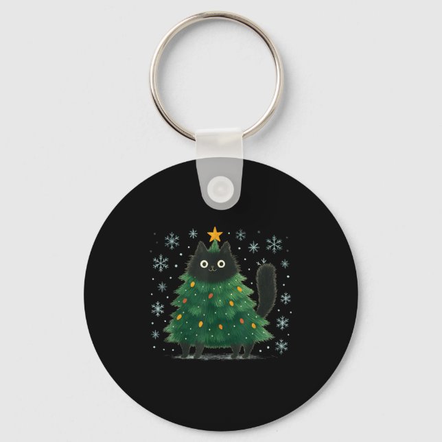 Cute Christmas Tree Cat Funny Holiday Snowflake  Keychain (Front)