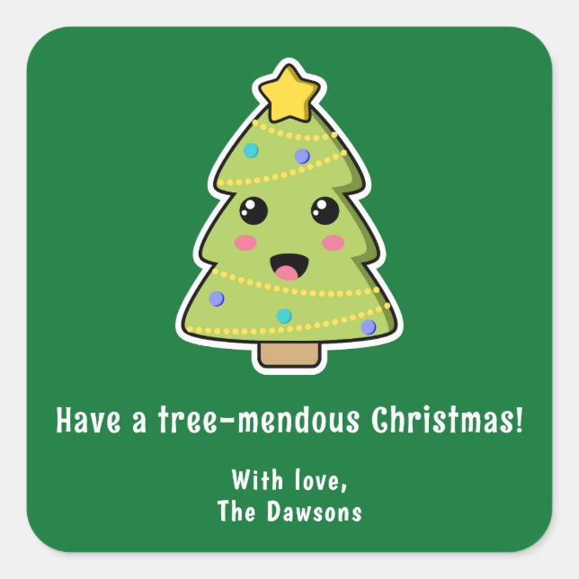 Cute Christmas Tree Funny Tree-mendous Green Square Sticker (Front)