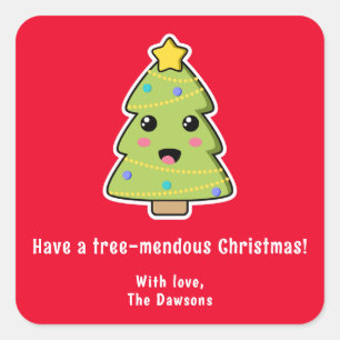 Cute Christmas Tree Funny Tree-mendous Red Square Sticker