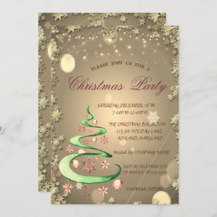 Cute Christmas Tree Gold Stars Christmas Invitation