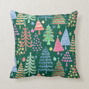 Cute Christmas Tree  Green Pink Red Pattern Throw Pillow