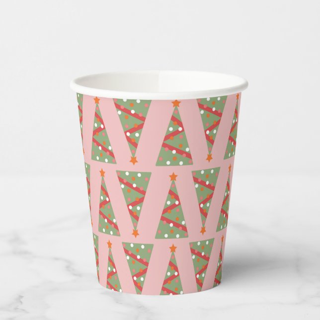 Cute Christmas Tree Holiday Pattern Pink Green Red Paper Cups (Left)