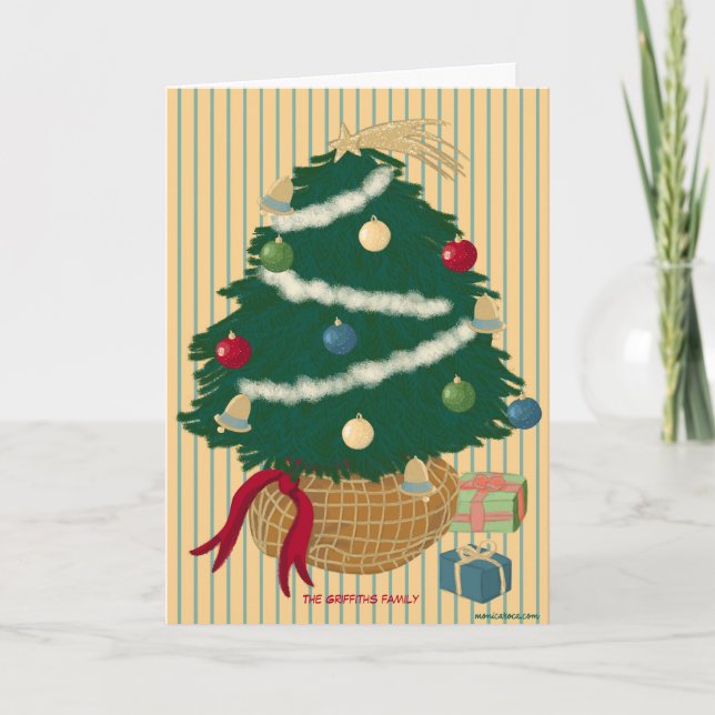 Cute Christmas tree on a stripes. Customizable Holiday Card (Front)