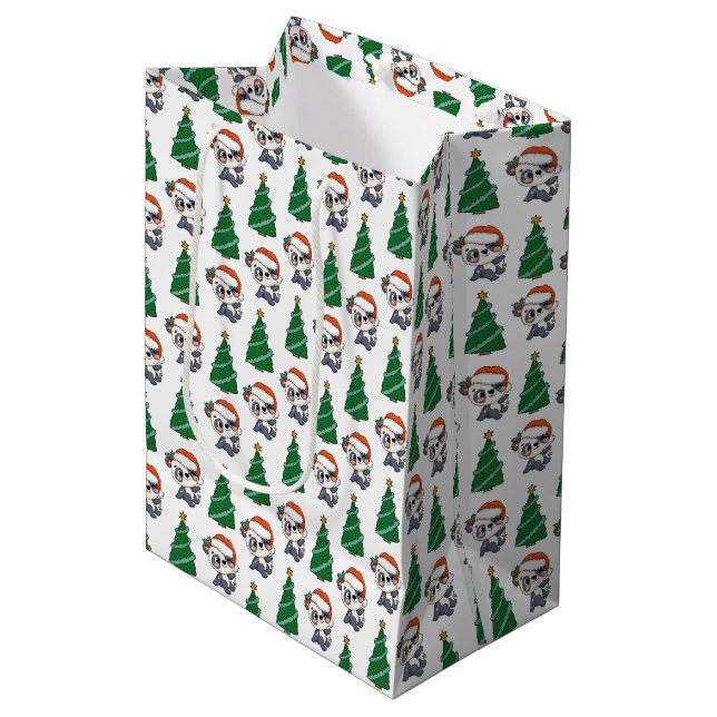 Cute Christmas Tree Panda Red Santa Hat Medium Gift Bag (Front Angled)