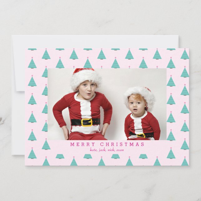 Cute Christmas Tree Pink and Turquoise Photo Holiday Card (Front)