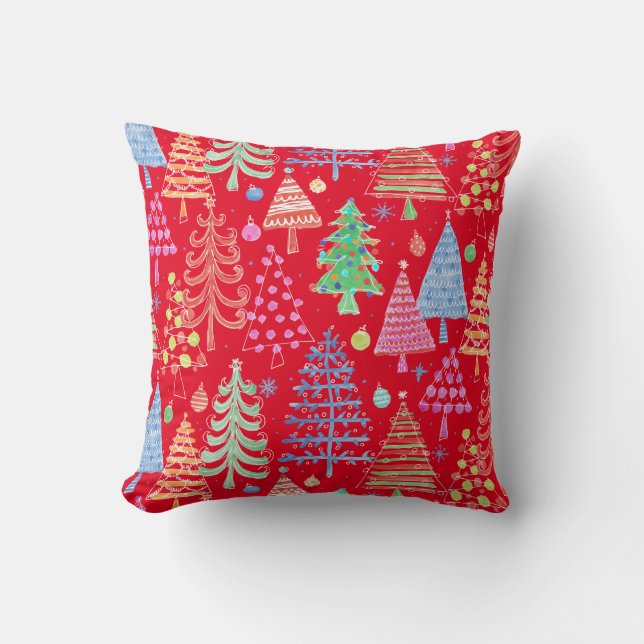 Cute Christmas Tree Red Green Blue Pattern Throw Pillow (Front)