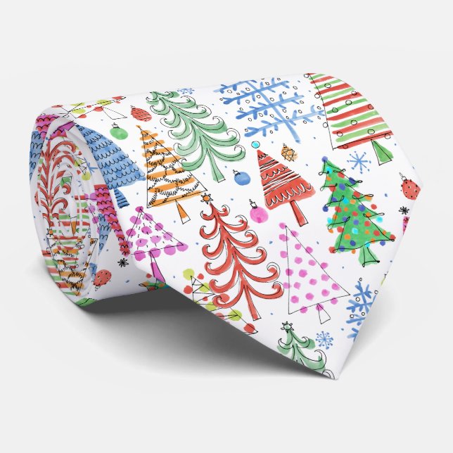 Cute Christmas Tree Red Green Pink Novelty Pattern Tie (Rolled)