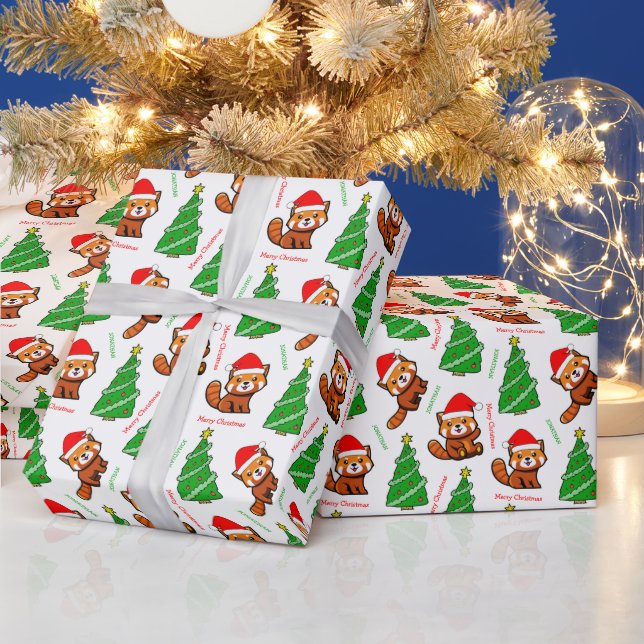 Cute Christmas Tree Red Panda Santa Hat Name Wrapping Paper (Holidays)