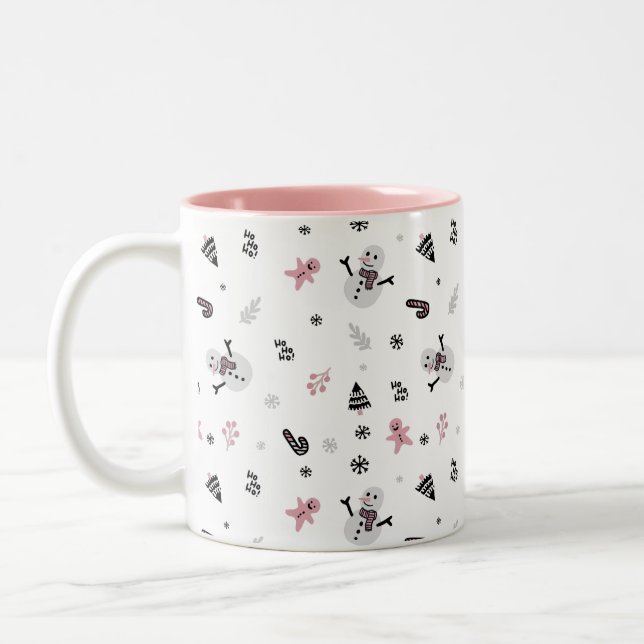 Cute Christmas Tree Snowman Candy Cane Pattern Two-Tone Coffee Mug (Left)
