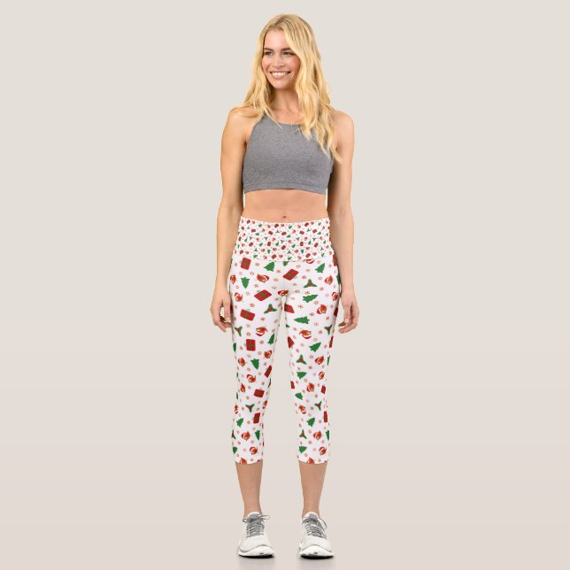 Cute Christmas Tree Snowman Candy Capri Leggings (Front)