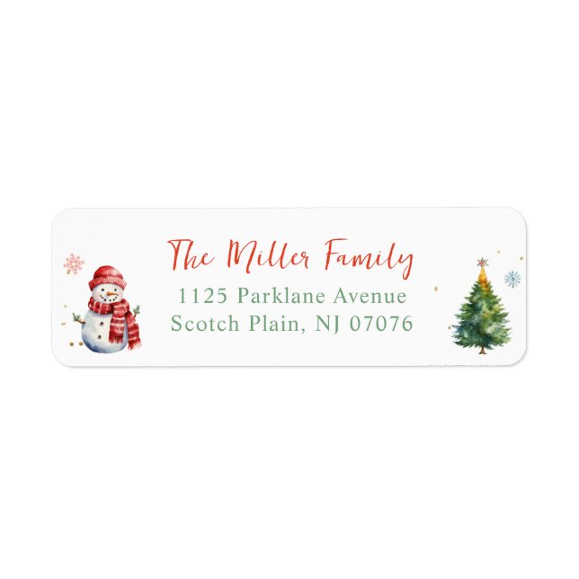 Cute Christmas Tree Snowman Family Return Address (Front)