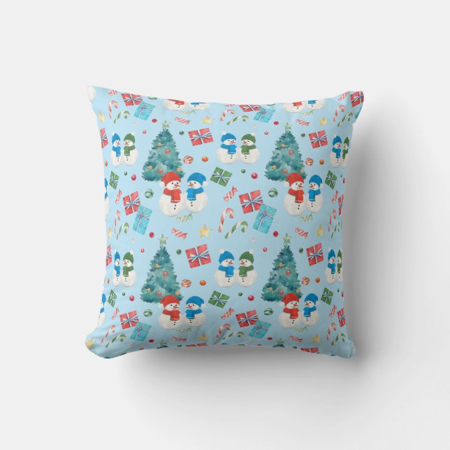 Cute Christmas Tree, Snowman, Gifts, Candy Pattern Throw Pillow (Front)