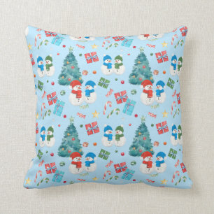 Cute Christmas Tree, Snowman, Gifts, Candy Pattern Throw Pillow