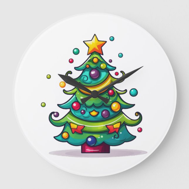 Cute Christmas Tree with Ornaments Large Clock (Front)