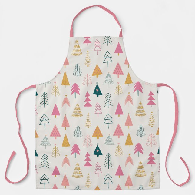Cute Christmas Trees Blush Pink Pattern  Apron (Front)