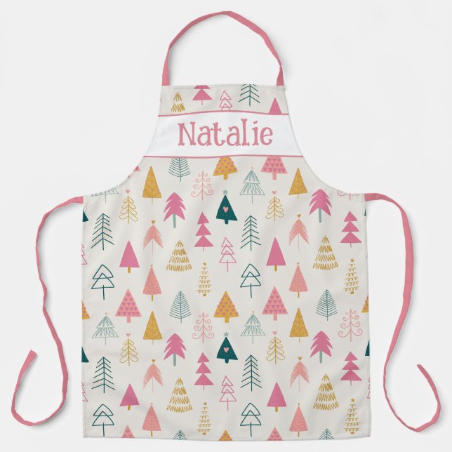 Cute Christmas Trees Blush Pink Pattern Name Apron (Front)