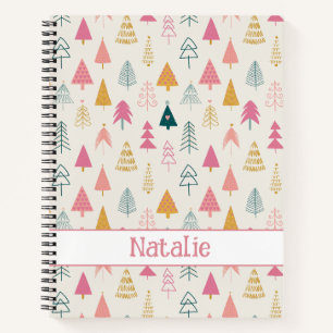 Cute Christmas Trees Blush Pink Pattern Name Notebook