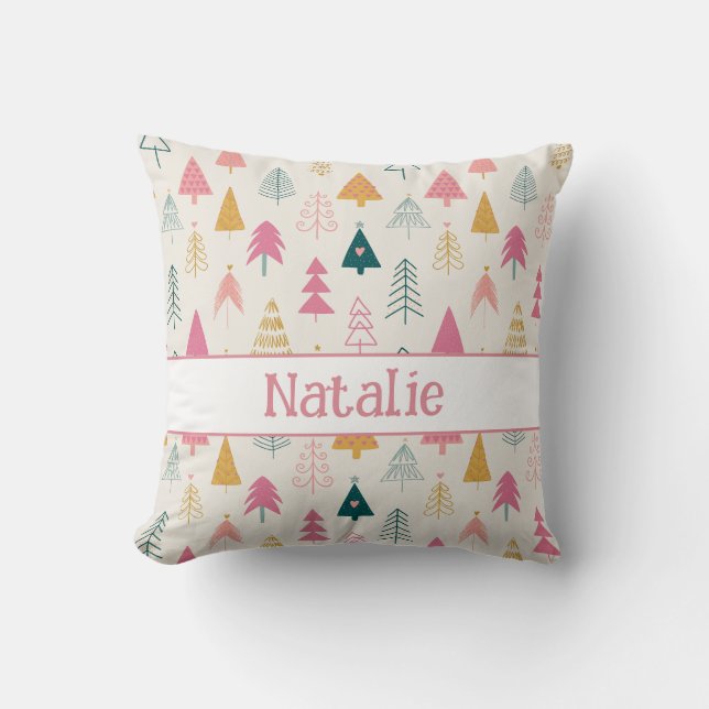 Cute Christmas Trees Blush Pink Pattern Name Throw Pillow (Front)