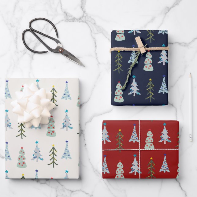 Cute Christmas trees doodle Wrapping Paper Sheet (Front)