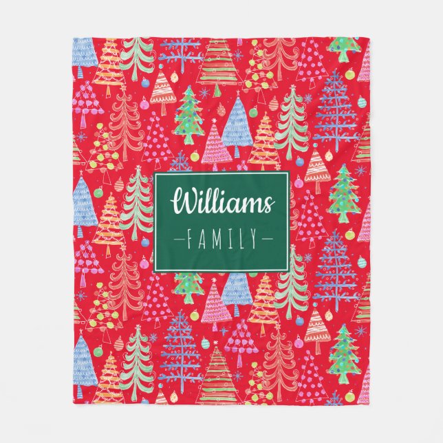 Cute Christmas Trees on Red Family Name Fleece Blanket (Front)