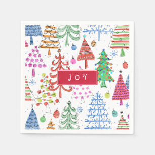 Cute Christmas Trees Pattern with Joy Typography Napkin