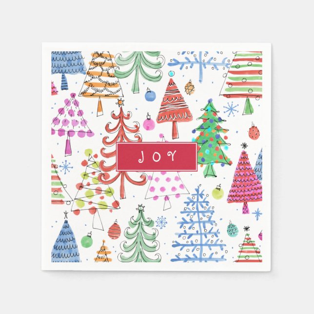 Cute Christmas Trees Pattern with Joy Typography Napkin (Front)
