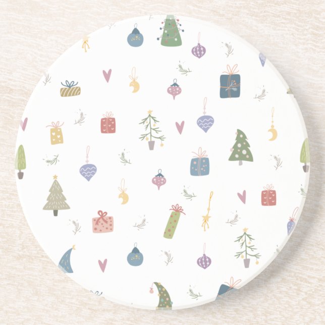 Cute Christmas Trees Presents Ornaments Pattern Coaster (Front)