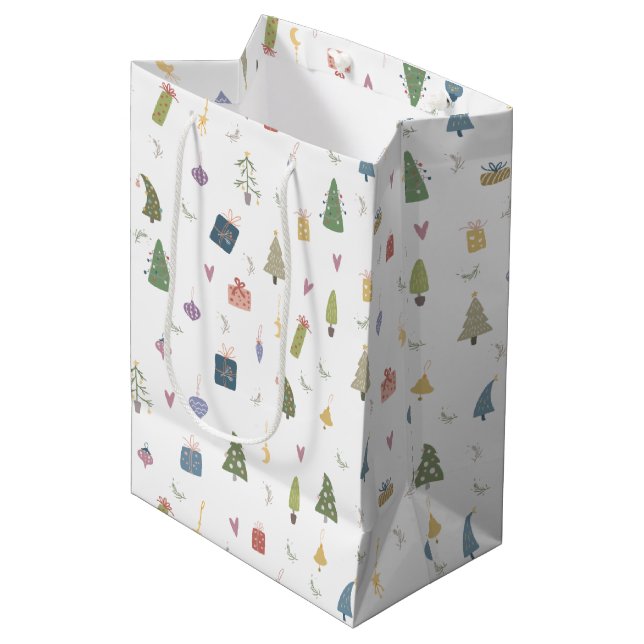 Cute Christmas Trees Presents Ornaments Pattern Medium Gift Bag (Front Angled)