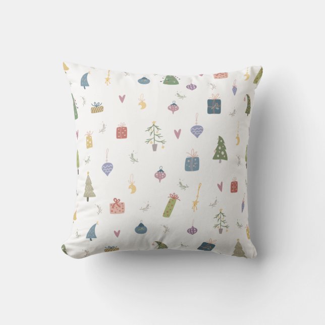 Cute Christmas Trees Presents Ornaments Pattern Throw Pillow (Front)