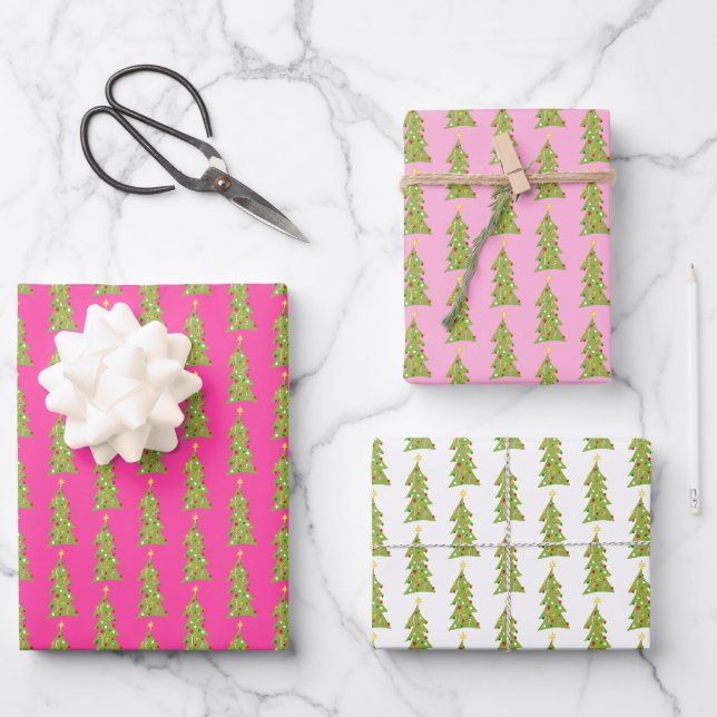 Cute Christmas Trees Retro Holiday Pattern PINK Wrapping Paper Sheet (Front)