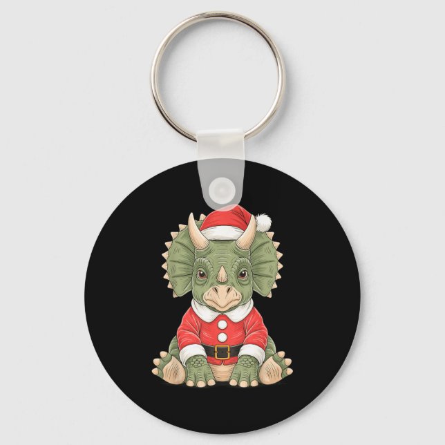 Cute Christmas Triceratops Santa Dinosaur  Keychain (Front)