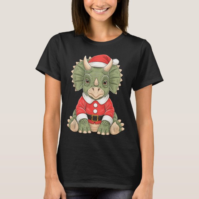 Cute Christmas Triceratops Santa Dinosaur  T-Shirt (Front)