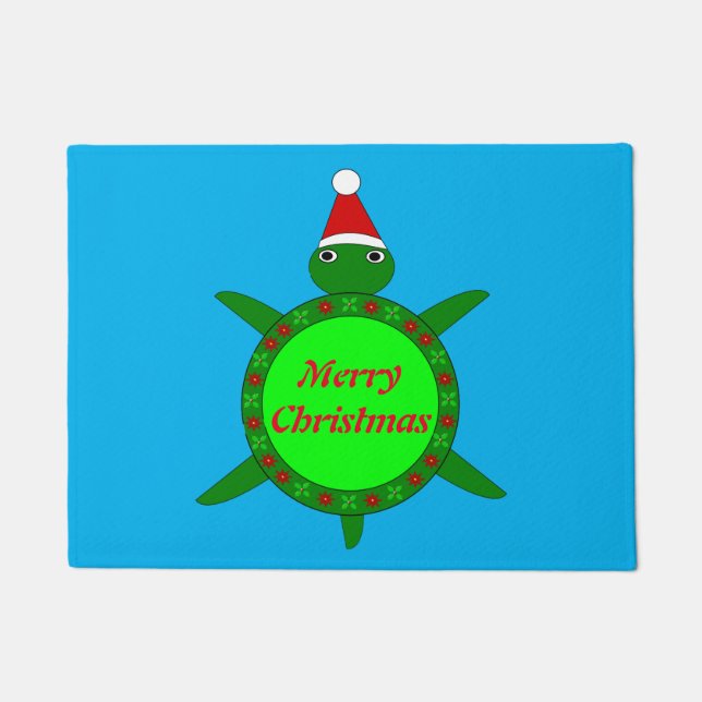 Cute Christmas Turtle with Flowery Shell Custom Doormat (Front)