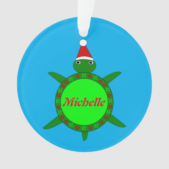 Cute Christmas Turtle with Flowery Shell Custom Ornament (Front)