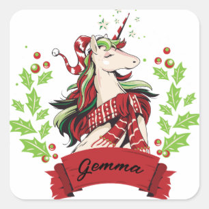 Cute Christmas Unicorn Custom Name    Square Sticker