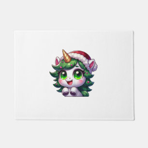 Cute Christmas Unicorn in Tree Costume Cartoon Tan Doormat