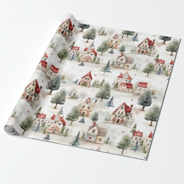 Cute Christmas Village Wrapping Paper (Unrolled)
