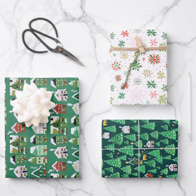 Cute Christmas Village Wrapping Paper Sheet (Front)