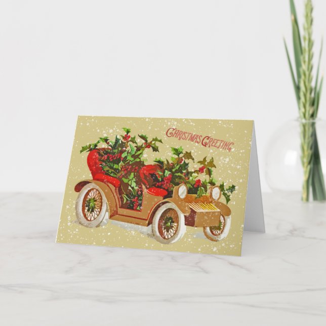 Cute Christmas Vintage Car Holly Snow Gold Card (Front)