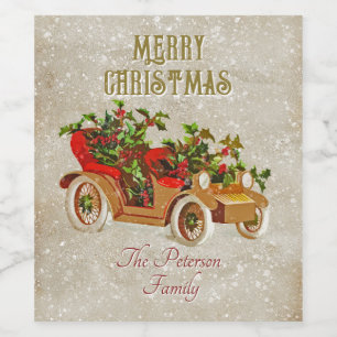 Cute Christmas Vintage Car with Holly Beige Kraft Wine Label