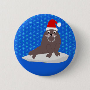 Cute Christmas Walrus and Snowflakes 2 Inch Round Button