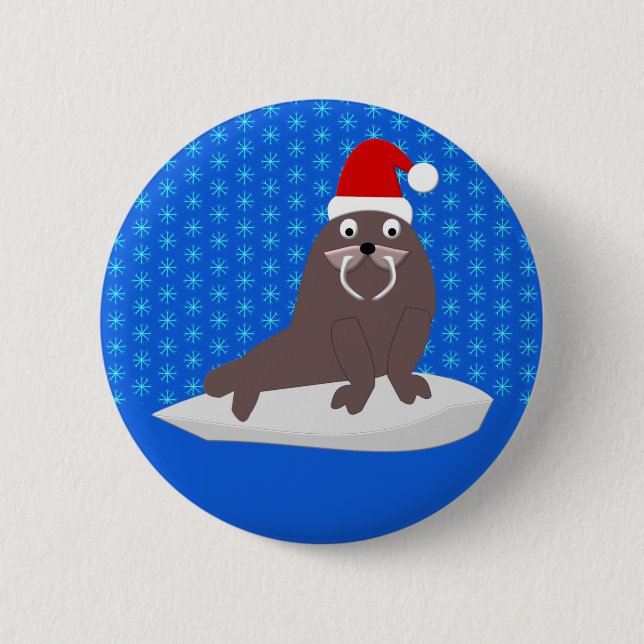 Cute Christmas Walrus and Snowflakes 2 Inch Round Button (Front)