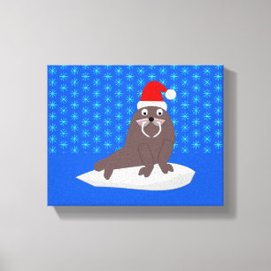 Cute Christmas Walrus and Snowflakes Canvas Print