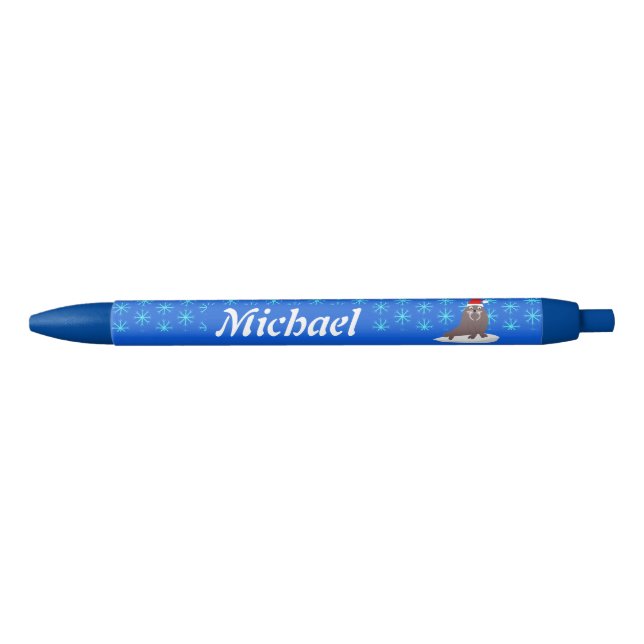 Cute Christmas Walrus and Snowflakes Custom Black Ink Pen (Front)