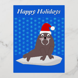 Cute Christmas Walrus and Snowflakes Custom Foil Holiday Postcard