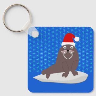 Cute Christmas Walrus and Snowflakes Custom Keychain