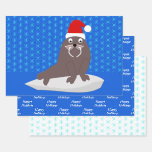 Cute Christmas Walrus and Snowflakes Custom Wrapping Paper Sheet