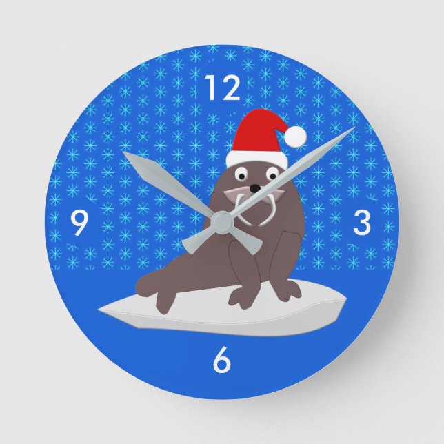 Cute Christmas Walrus and Snowflakes Round Clock (Front)